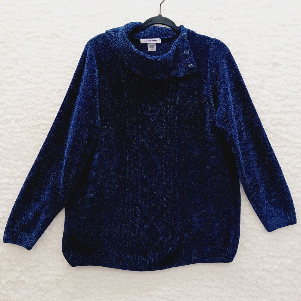 Sweater Pullover Chenille Cowl Neck Cable Navy Cozy Chic Minimalist Classic Sz L